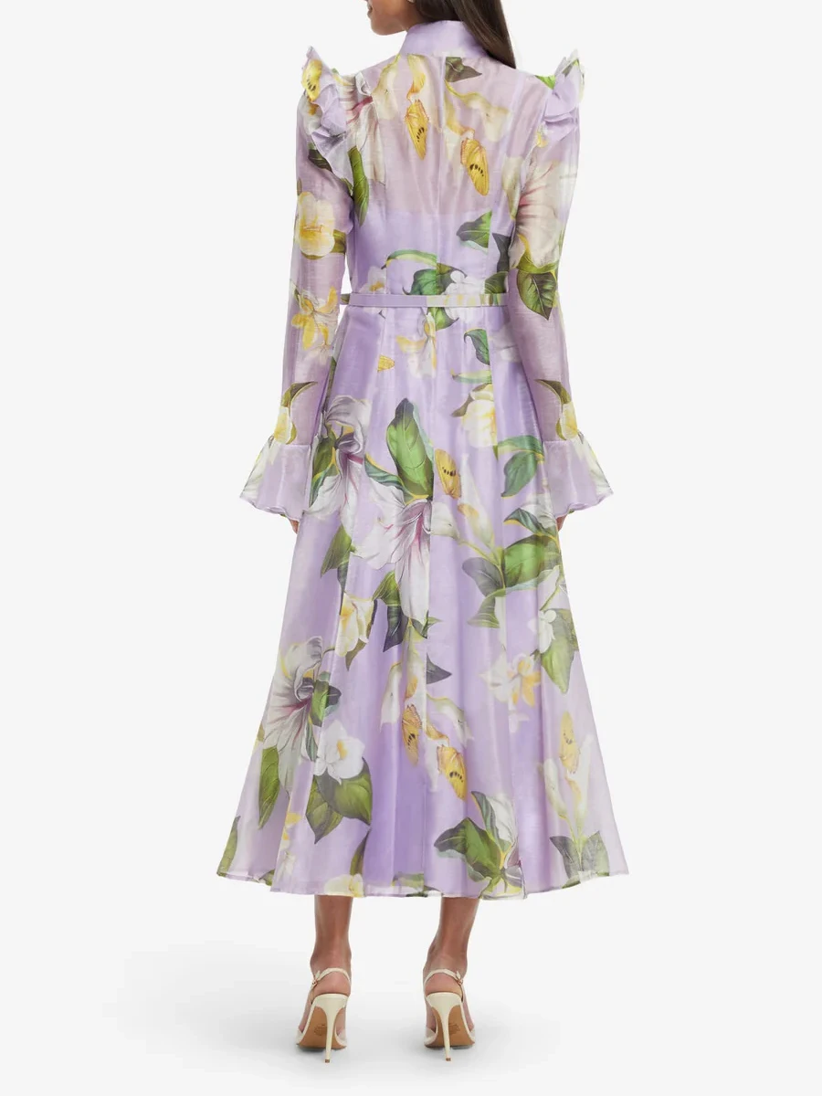 Twotwinstyle impressão emendado babados vestidos casuais para mulheres gola mangas compridas retalhos cinto moda vestido feminino novo