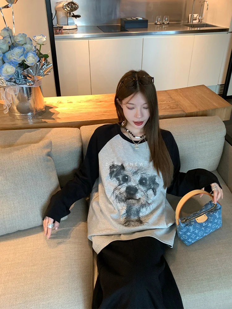 

Женская свободная футболка Luu Heavyweight 300g с принтом собаки, повседневный топ в корейском стиле, весна-осень, с длинным рукавом и круглым вырезом