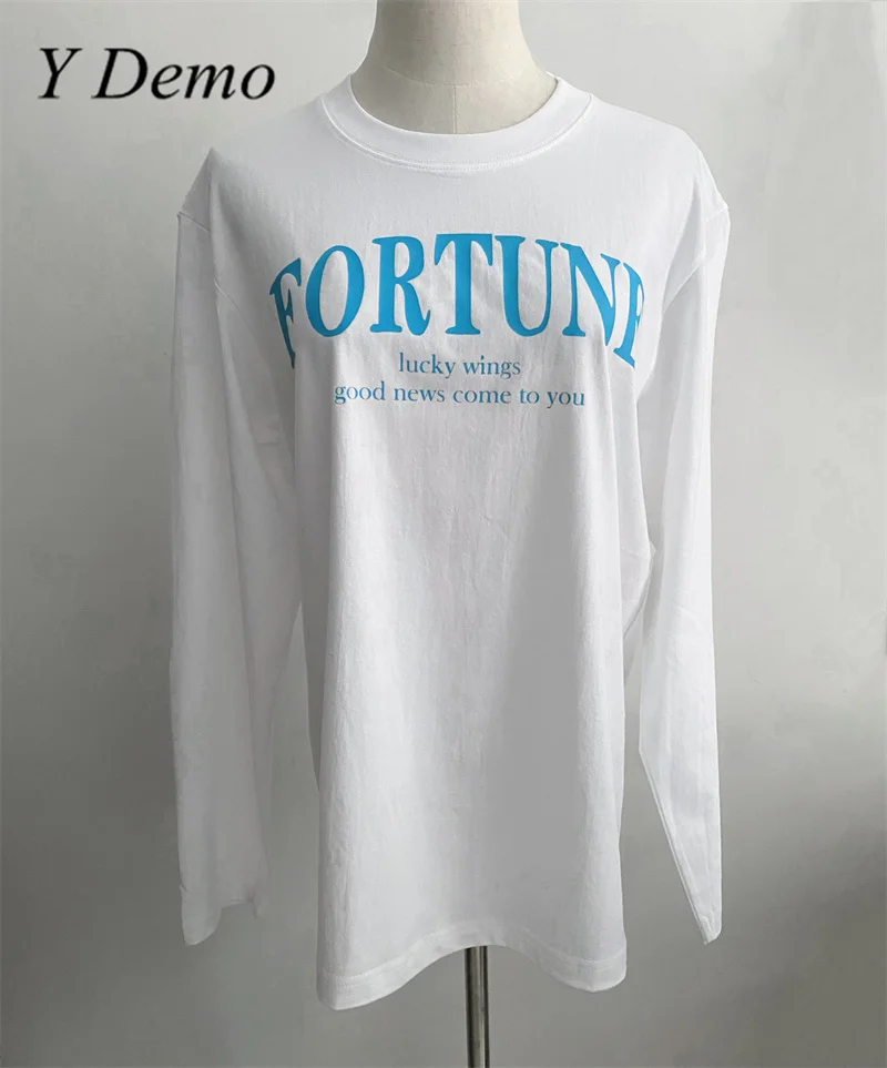 Y Demo Casual O-neck Long Sleeve Letter Print Women's T-shirt Brief White Cotton Tee