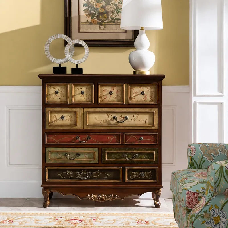 9 Drawer Solid Wood Chest Cabinet Porch Storage Unit Dining Sideboard Retro Painted Finish Organizer for Entryway Living Room