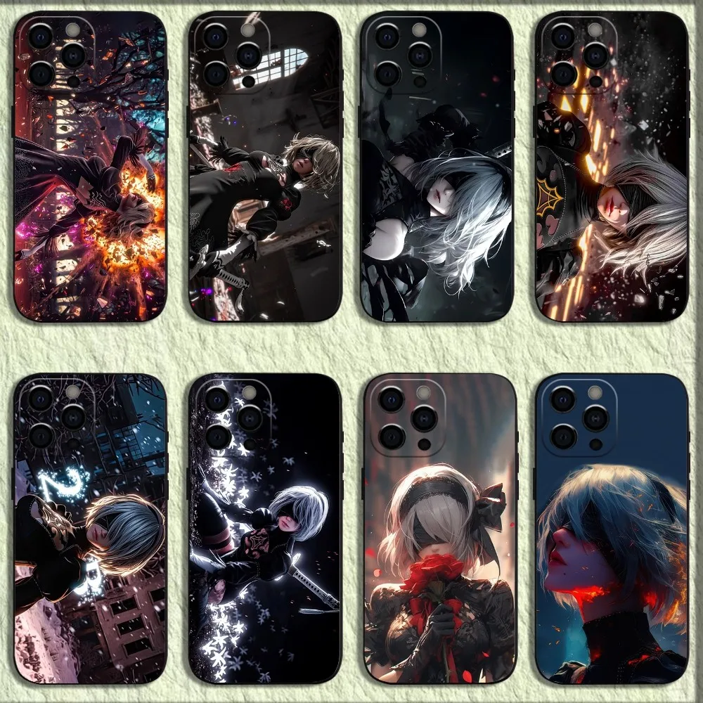 

N-Nier A-Automata 2b Anime Phone Case For iPhone 16,15,14,13,12,11,Pro,X,XS,Max,XR,Plus,Mini Soft Black Cover