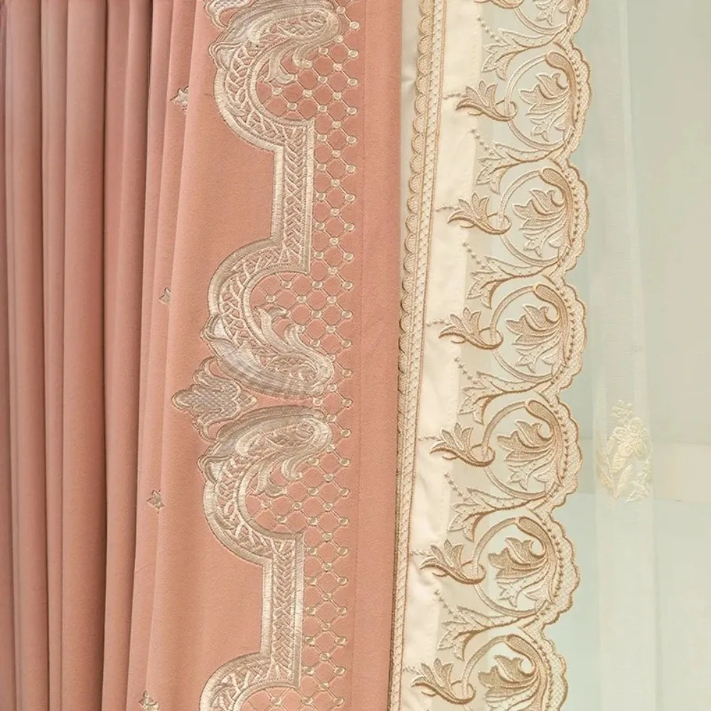 Luxury French Pink Velvet Embroidery Curtains for Living Room Bedroom Wedding Room Thermal Insulated Drapes Custom Tulle