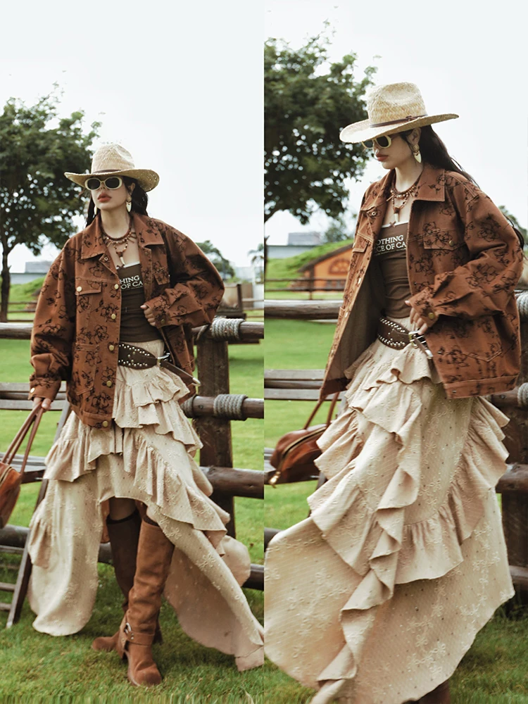 TIYIHAILEY-dames lange maxi onregelmatige rok elastische taille laag cake jacquard mode 2025, nieuwe dames hoog laag kaki herfst