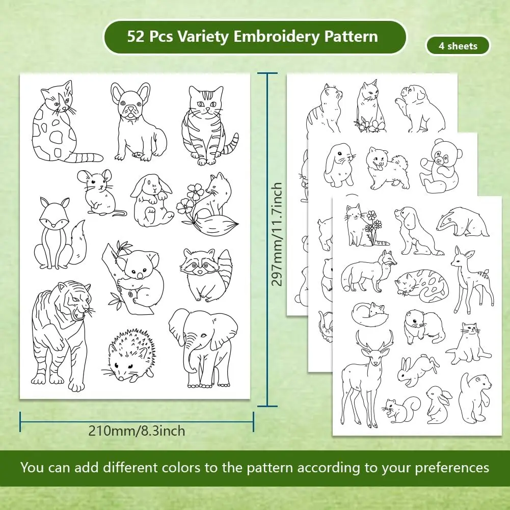 4Sheets 52Pcs Animal Water Soluble Embroidery 11.7x8.3inch Cats Dogs Rabbits Stick and Stitch Embroidery Paper Stabilizer Water