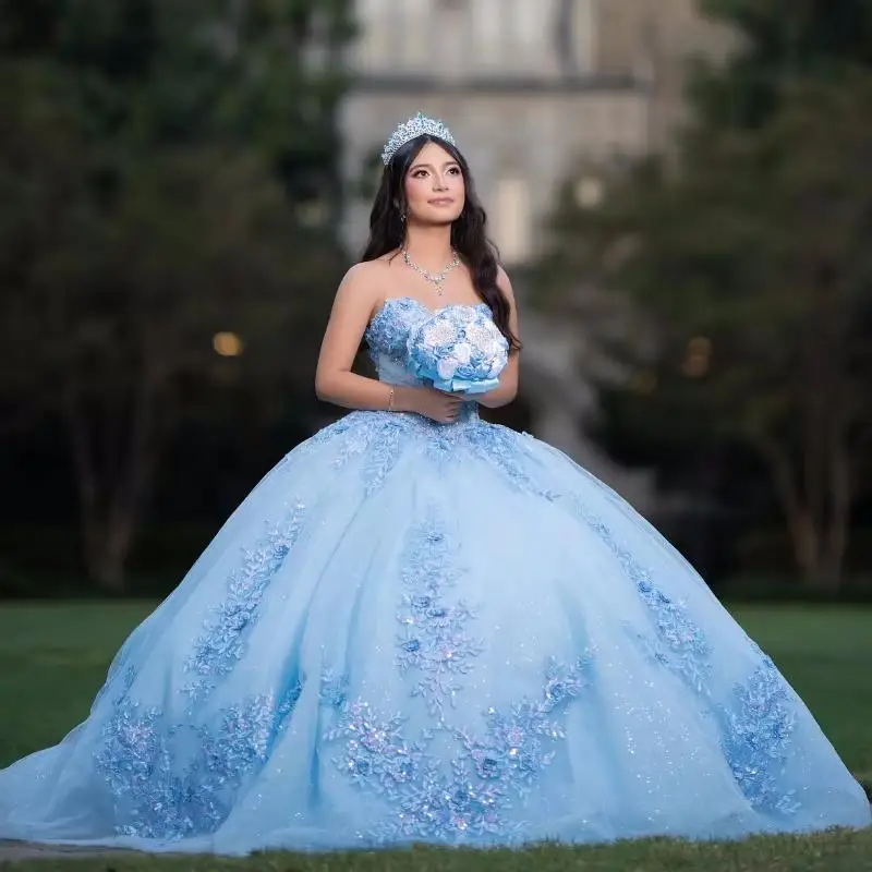 Sky Blue Shiny Quinceanera Dresses Ball Gown 3D Floral Applique Beading Tull Sweet 16 Dress Vestidos De XV 15 Anos