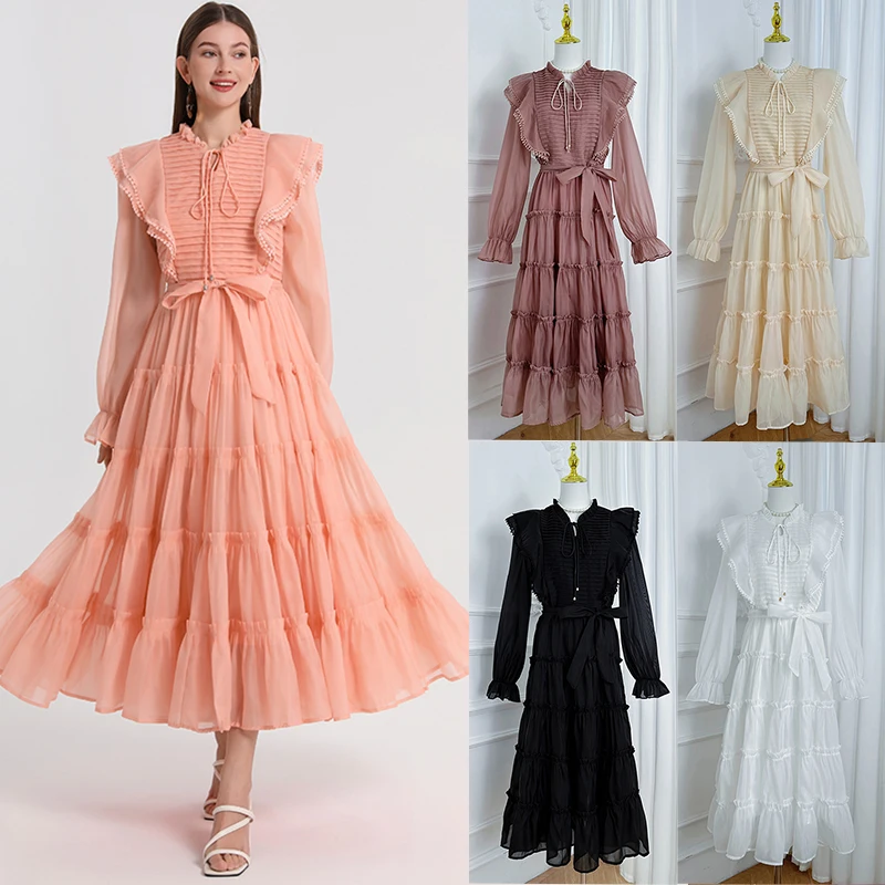 

Runway 2025 Spring Summer Mesh Prom Dress For Women Fashion Ruffles Long Lantern Sleeve Solid Sashes Casual Holiday Dress Female