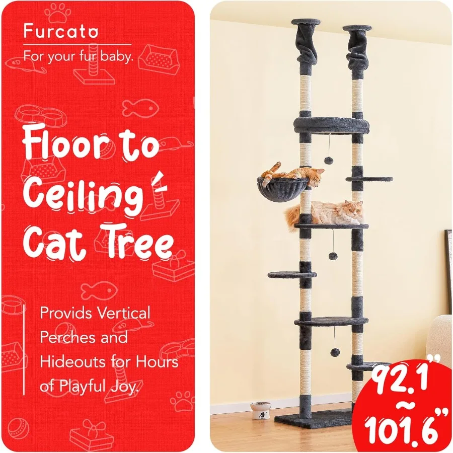 Albero per gatti dal pavimento al soffitto Torre per gatti Altezza regolabile 92-102 pollici 234-258 cm Albero da arrampicata per gatti a 7 livelli con piattaforme amaca