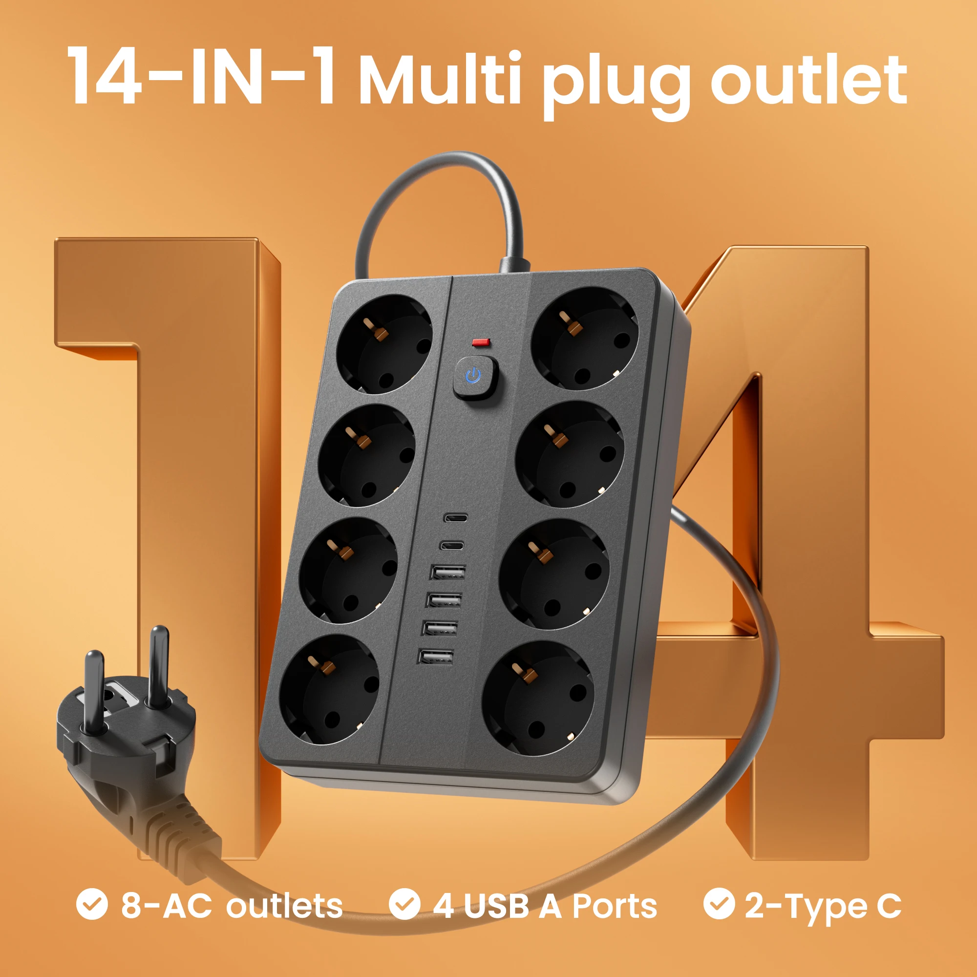 

1 удлинитель 14-в-1 для защиты от перенапряжения с USB-портом, 8 розетками переменного тока, 4 портами USB-A и 2 удлинителями типа C, 10 футов. 220-240В