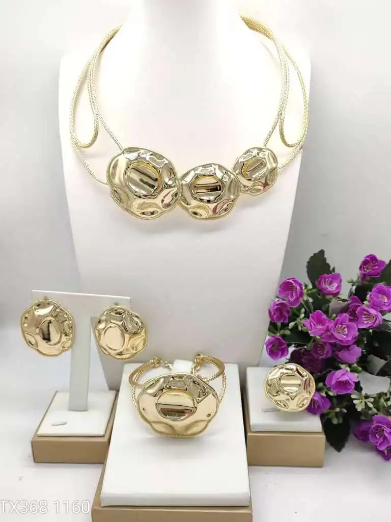 Bold Chunky Gold Jewelry Set for Women 4PCS Irregular Hammered Necklace Earrings Bracelet Ring Statement Party Gift New In