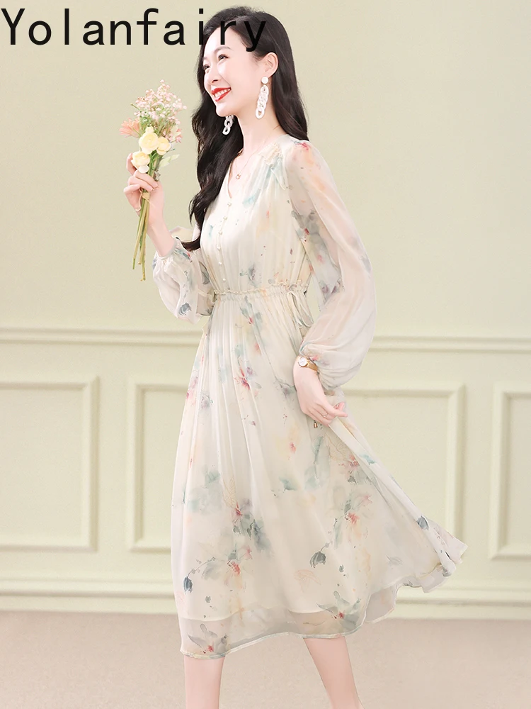 YOLANFAIRY فستان حريري حقيقي المرأة أوائل الخريف أنيقة الأزهار طباعة فساتين 100% التوت الحرير الخامس الرقبة محدبة الخصر فستان الموضة