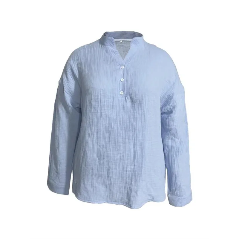 Kemeja Berkancing Kasual Wanita Ukuran Besar 1XL-5XL Kemeja Lengan Panjang Leher V Lipatan Longgar Musim Panas Atasan Blus Solid Wanita