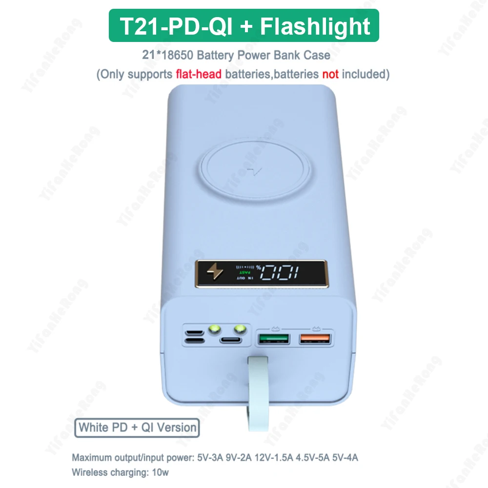 21*18650 pojemnik na baterie LED Light 22.5W PD Quick QC3.0 Charge 18650 obudowa na akumulator powerbank Shell 15W bezprzewodowe ładowanie
