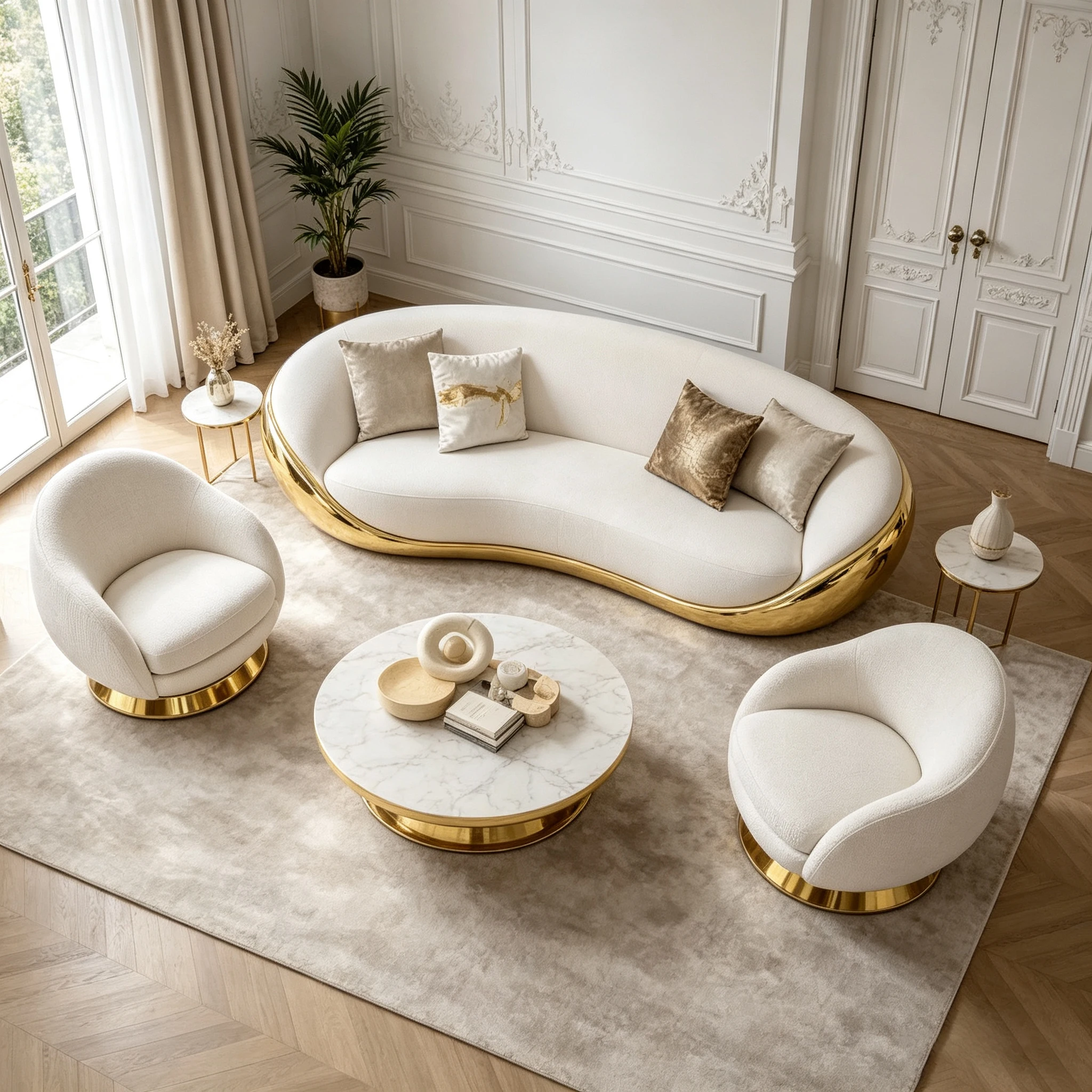 G*-Custom Designer Curved Sofa Solid Fiberglass Frame Boucle Upholstery Luxury Gold Plated Base Sofa