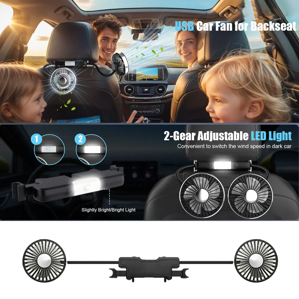 

360° LED Light Car USB Fan Dual Head Cooling Air Fan Independent Switch 3-Speed Adjustable Auto Headrest Fan For Rear Seat