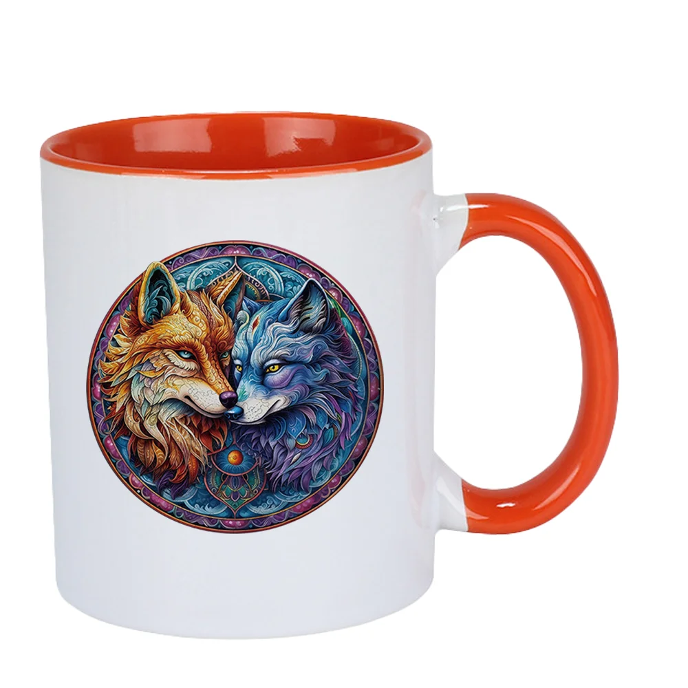 11oz Colorful Wolf Mandala Ceramic Coffee Mug for Birthday Party Home Use Holiday Present Christmas Camping