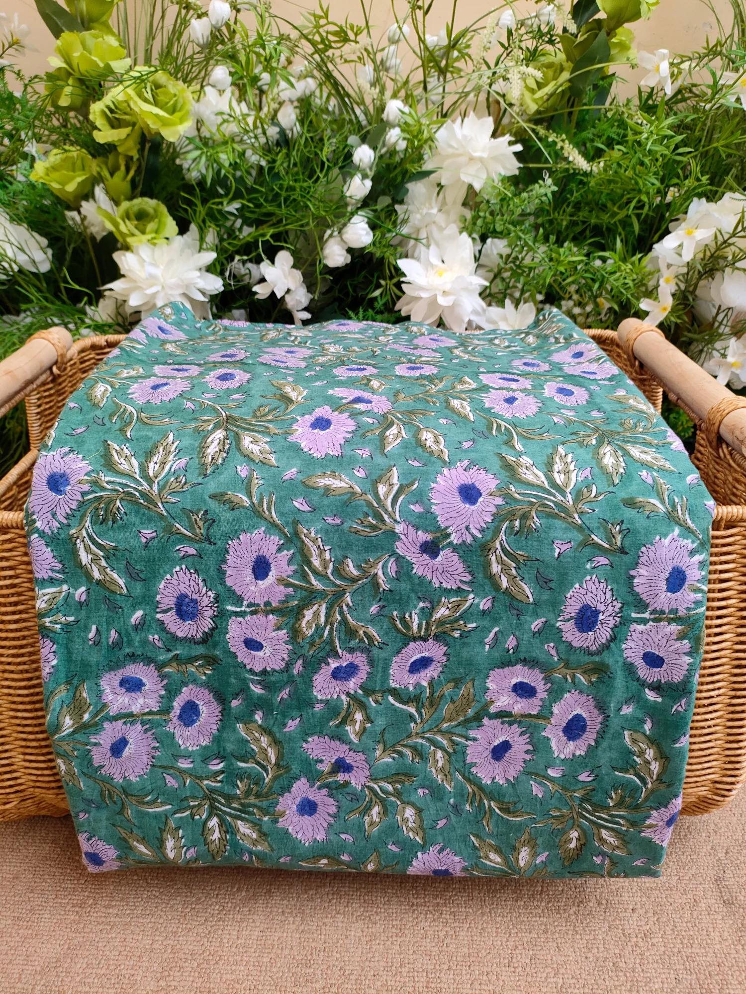 Indian Hnad Block Print Green Floral Printed Ideal for DIY 100% Natural Dyed Ec Friendly Cotton Fabric