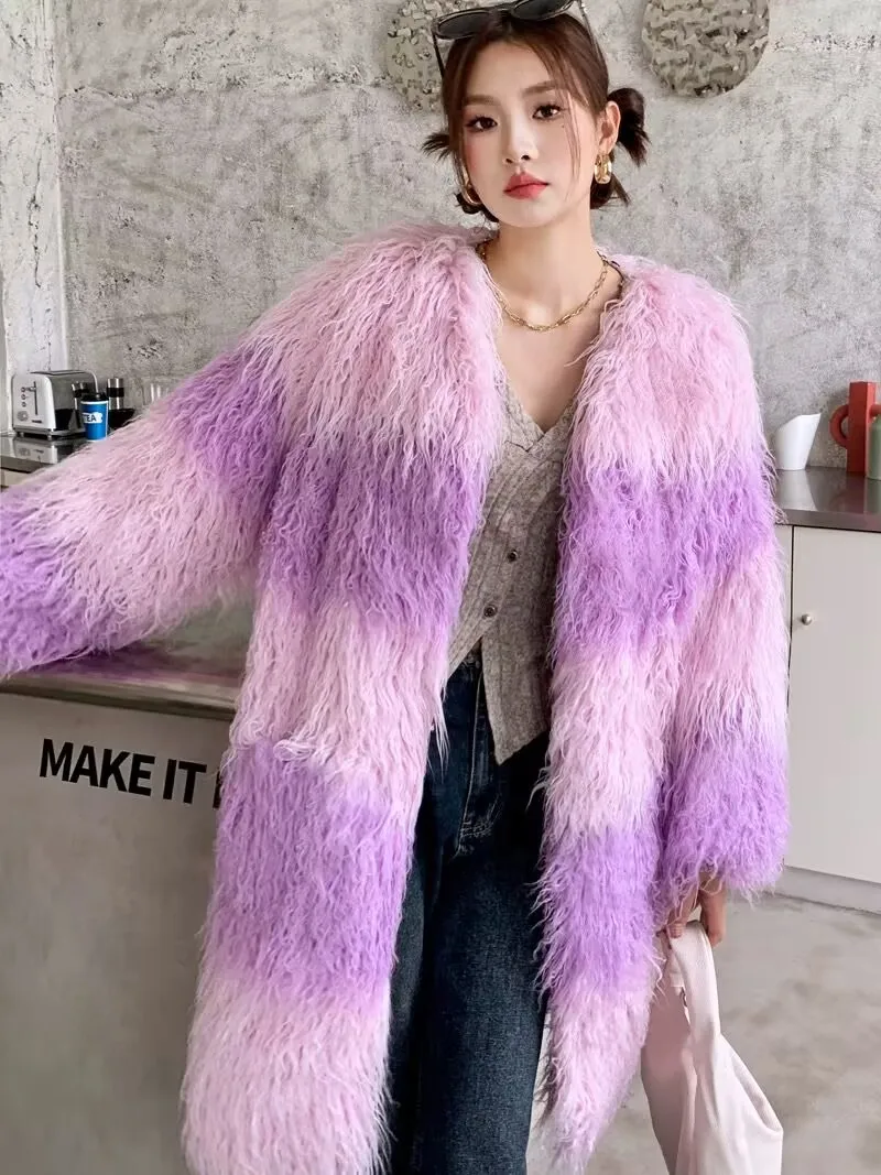 ZADORIN 2025 Luxury Fluffy Faux Sheep Fur Coat Women Contrast Color V Neck Long Winter Fur Jackets Woman Clothes Warm Fur Coats