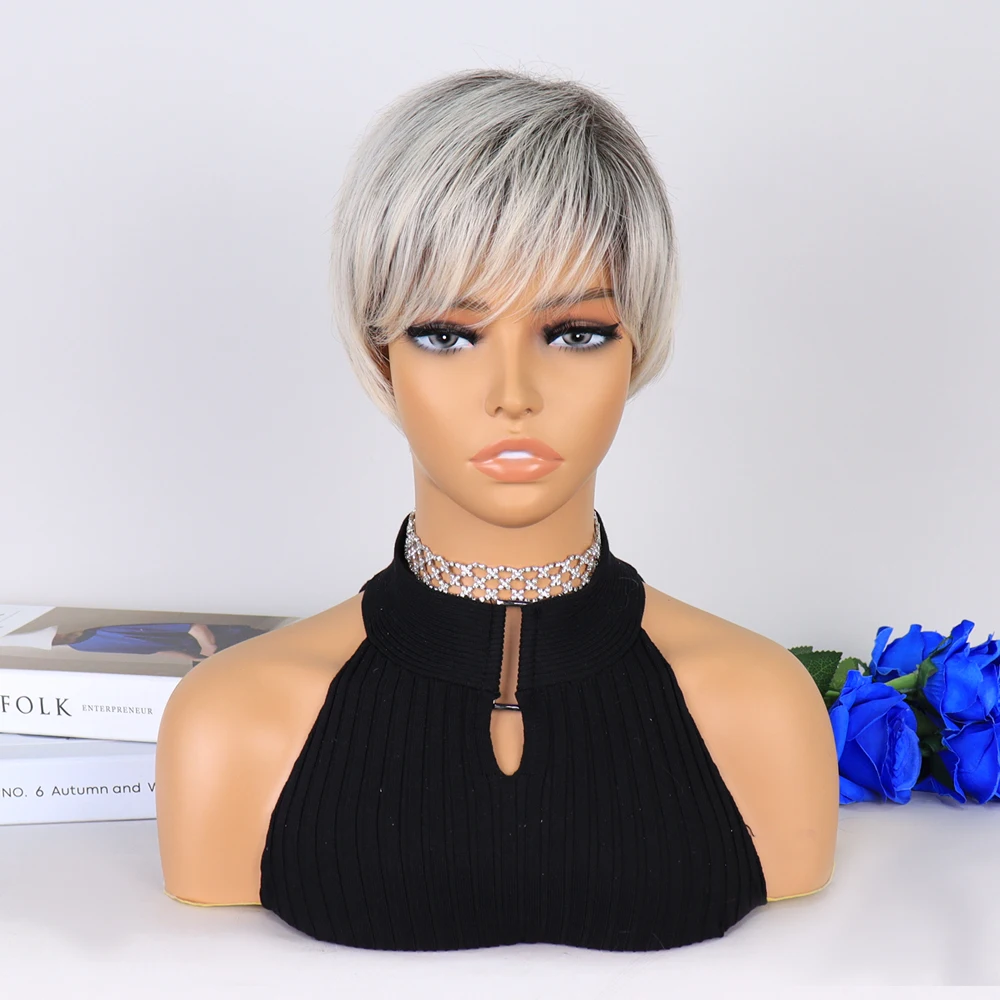 Women\'s Fashion Short Synthetic Wigs Pixie Cut Space Ash Ombre Hair Costume Party Wigs for Woman Daily Fluffy Natural Wig