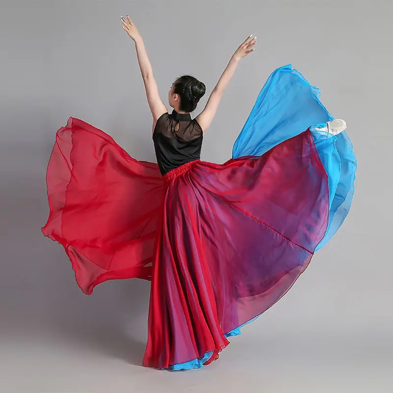 360-720 Degree Chiffon Skirt Ballet Belly Dance Women Two Layer Color Splicing Long Skirts Dancer Practice Wear Dance Skirt