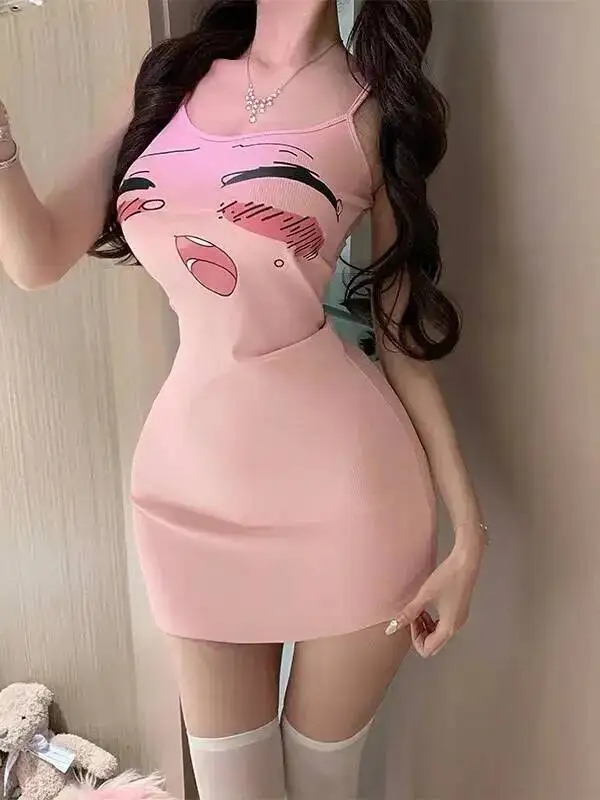 لطيف الكرتون مثير صيف جديد نقي لينة سليم أنيقة Bodycon بروتيل فستان موضة مثير فستان قصير تانك الحلو المرأة سليم الأعلى 8ZC