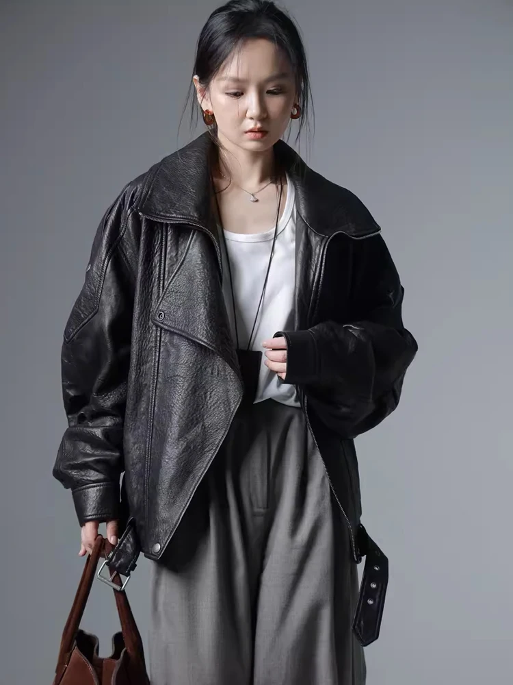 

Heavy Duty Double Layer Collar Genuine Leather Jacket Women's Black Silhouette Sheepskin Coat Fashionable Retro Style