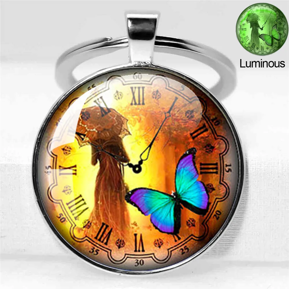 Glow In The Dark Butterfly Keychain Glass Cabochon Luminous Key Chain Luminous Animal Key Ring Chain Butterfly Jewelry
