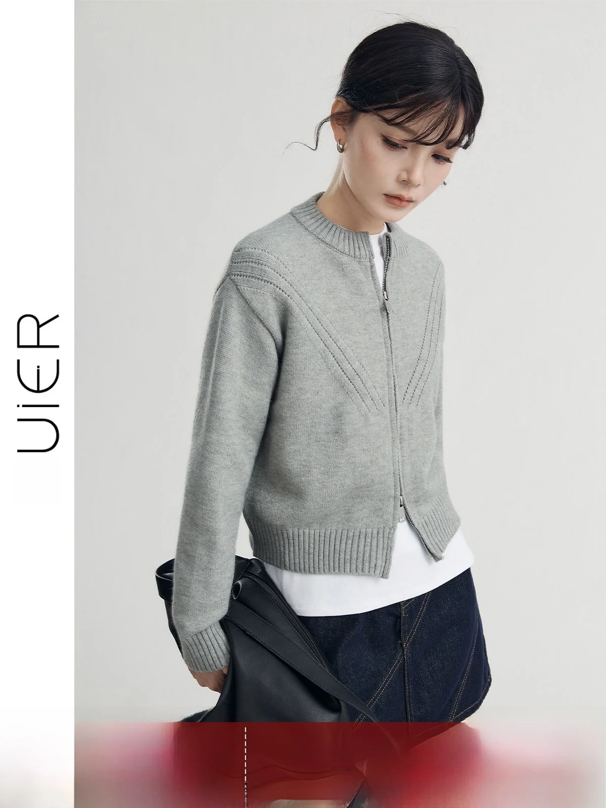 

Серый вязаный кардиган с круглым вырезом и двойной молнией, женский, весна 2025, стандартный крой, с длинными рукавами