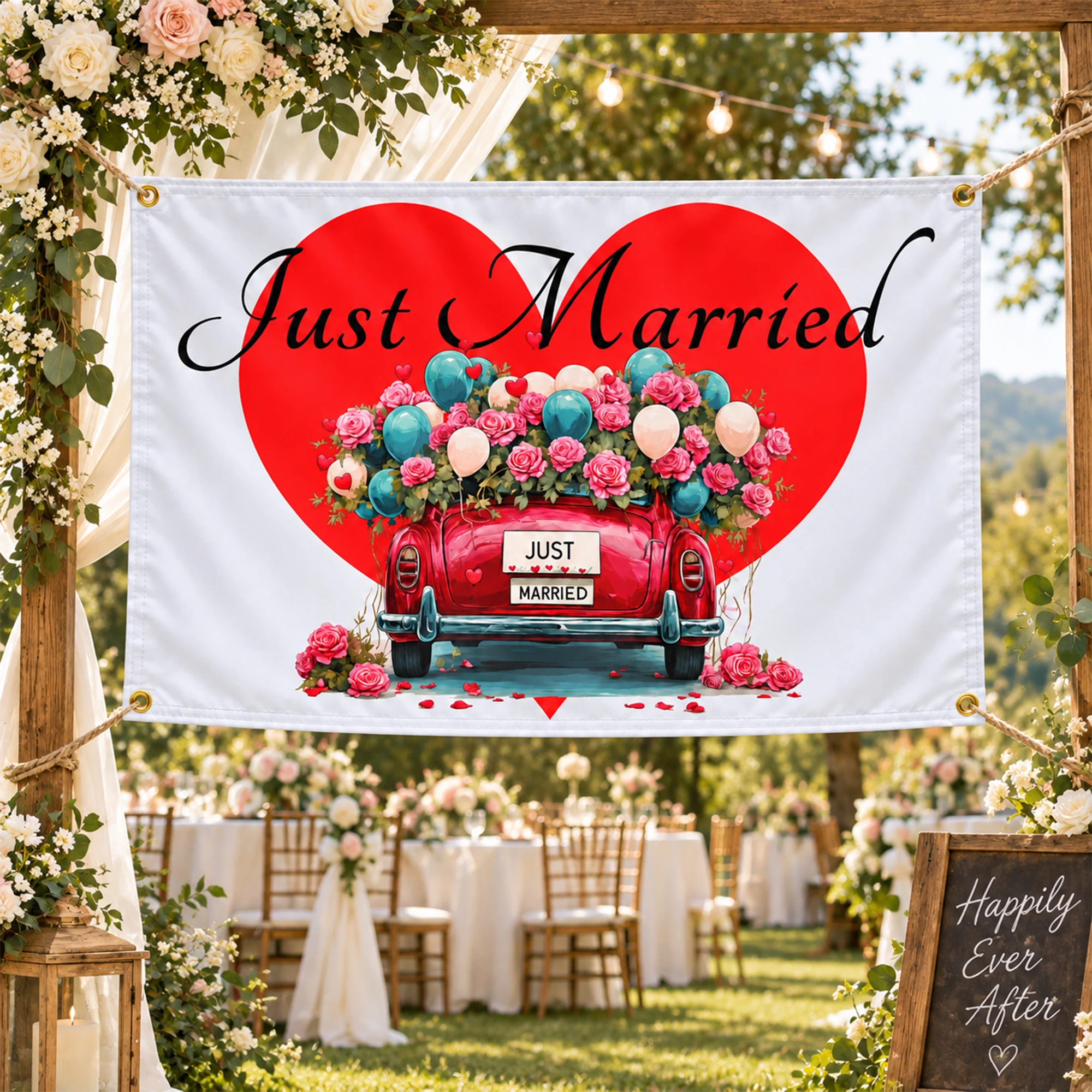 Just Married Flag 90x150cm Wedding Banner Newlywed Party Backdrop Photo Booth Prop Wedding Car Decor Wedding Supplies