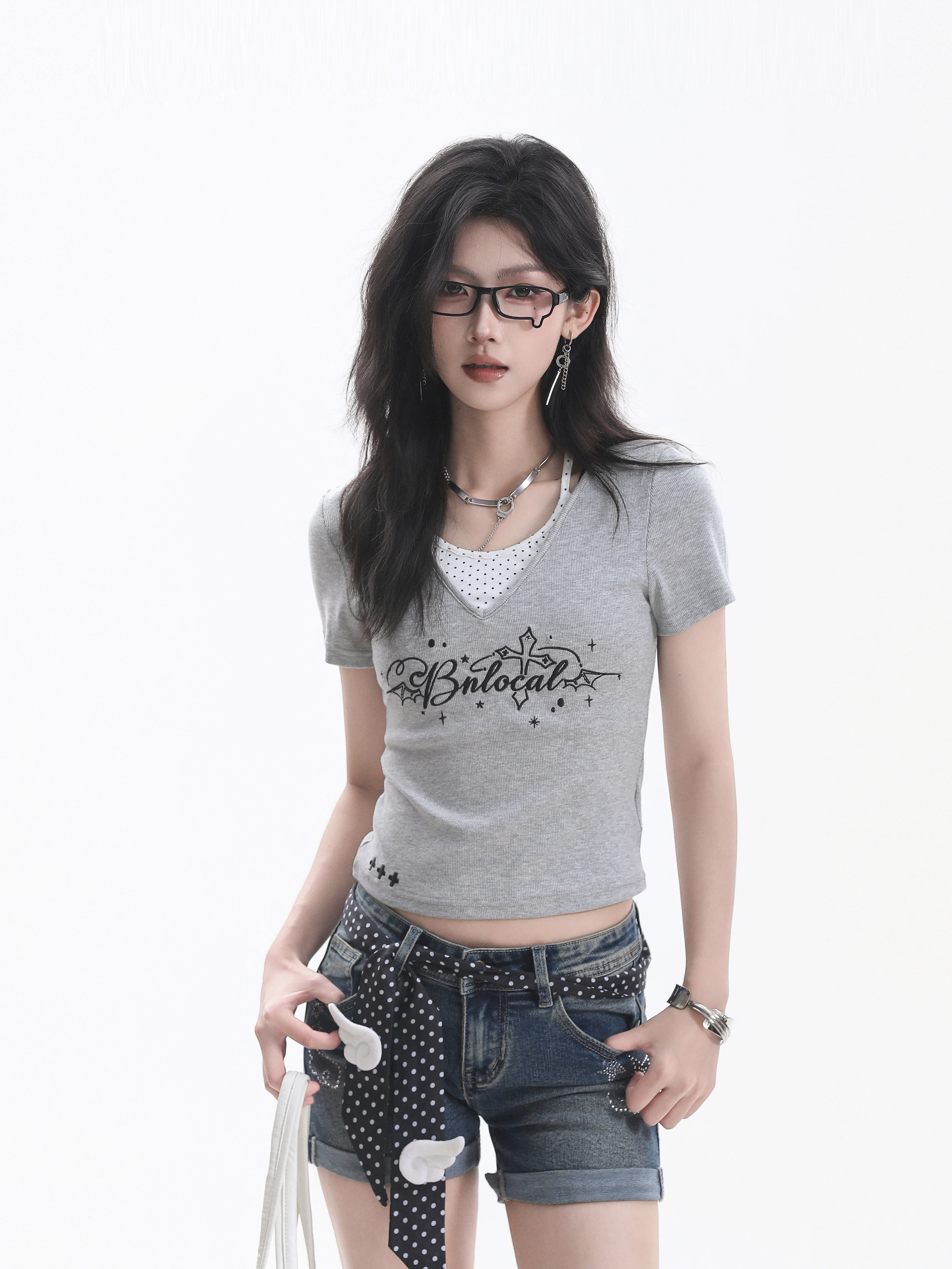 Small Ball American Style Hot Girl Neck Hanging Fake Two-Piece Short Sleeve T-Shirt Women Summer Letter Embroidery INS Short Top