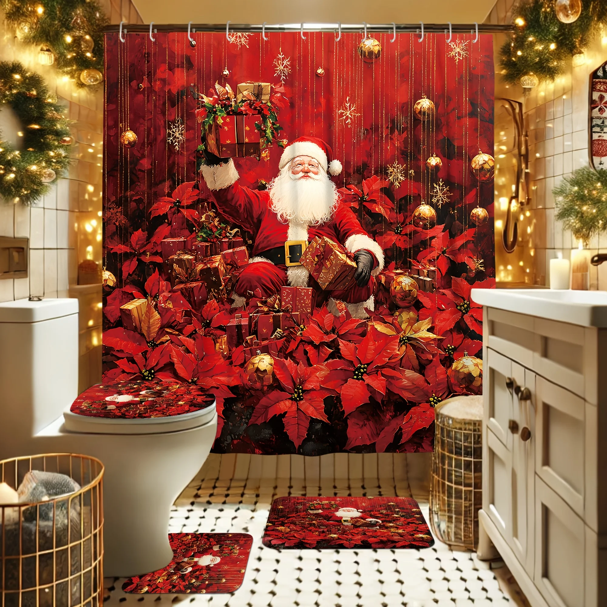 4Pcs Merry Xmas Winter Bath Set,Santa & Red Poinsettia,Holiday Bathroom Decor Gift,12 Hooks,Non-Slip U-Shaped Mat & Toilet Cover