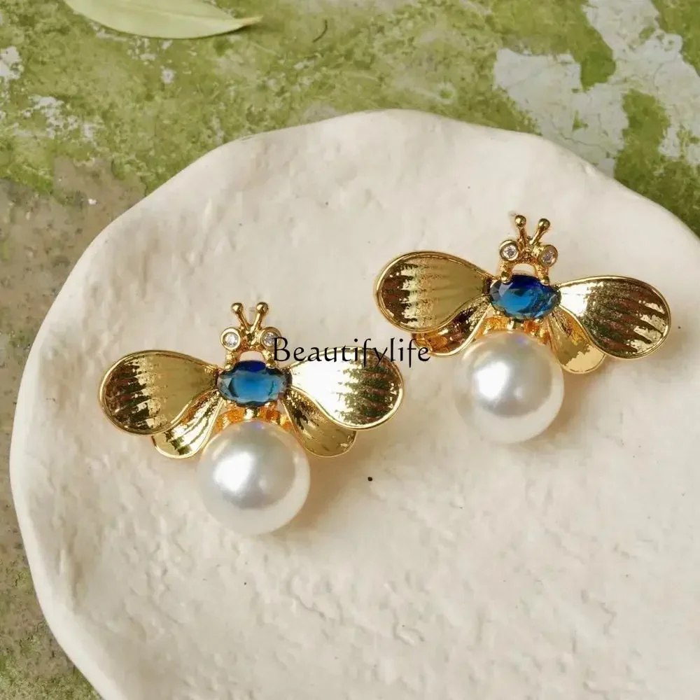 

Light Jewelry Line Bee Pearl Earrings Sapphire Light Luxury Versatile Ear Clips Without Pierced Ears