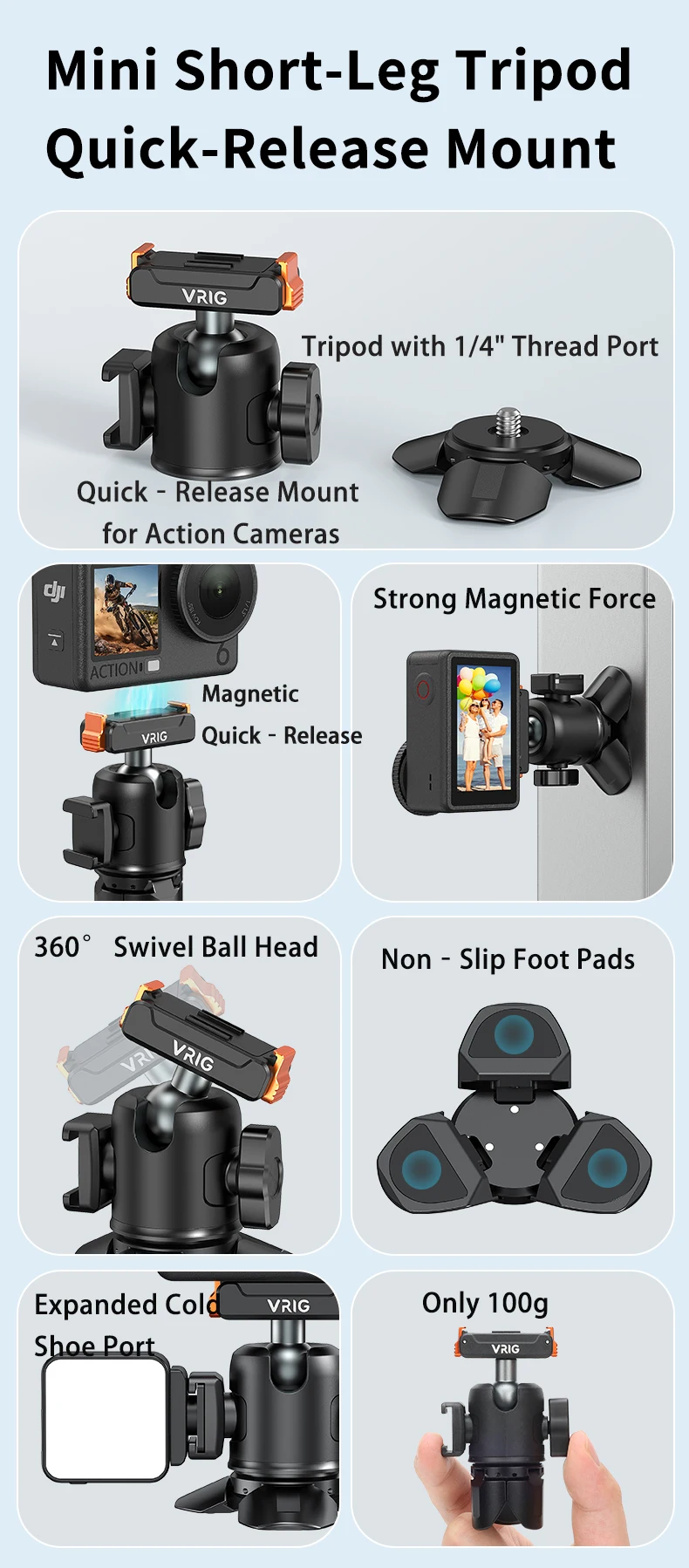 VRIG TP-39 Magnetisches Stativ Schnellverschluss 100g Aluminium für DJI Osmo 360 Nano Action 6 5 Pro 4 3 Pocket 3 GoPro Vlog Cold Shoe – Detail 2