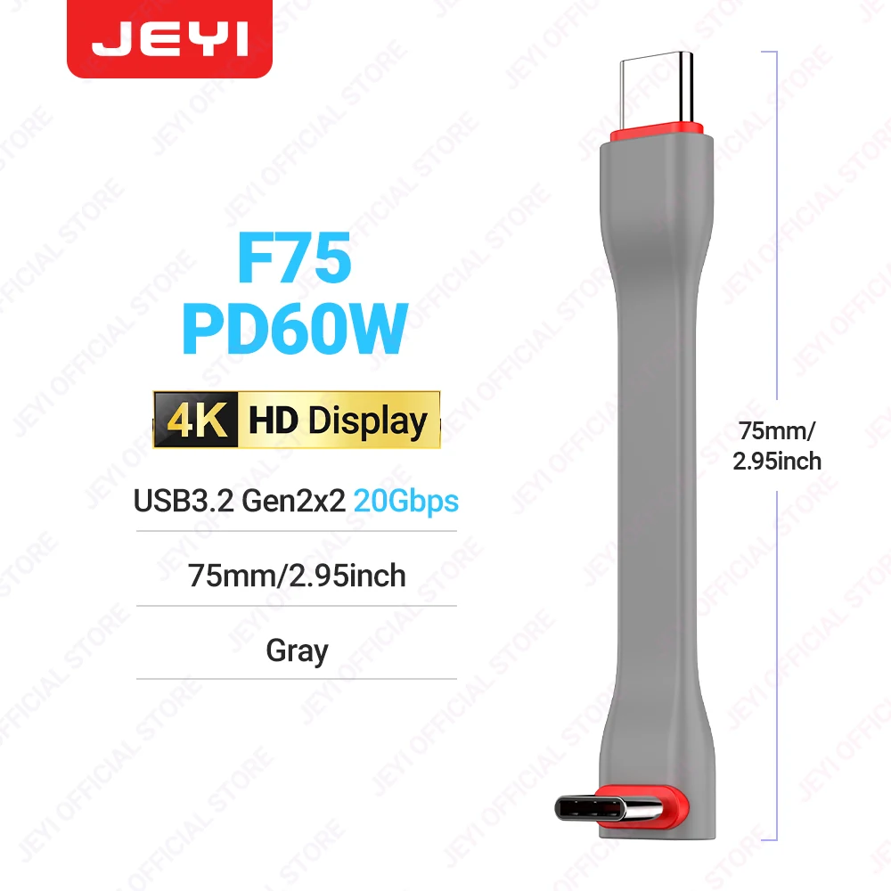 JEYI 20Gbps 90 ° USB-kabel C naar C PD 3A 60W 75MM Mobiele Power USB-C Kabel voor het opladen van powerbanks, MacBooks, laptops, tablets, iPhone 15 Pro