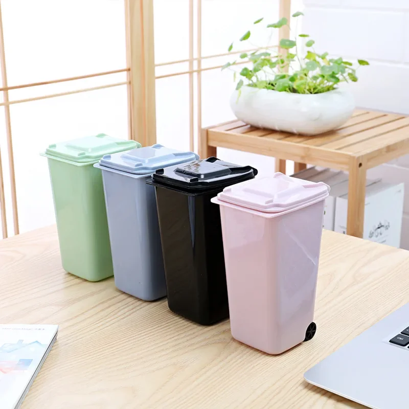 Mini Desktop Trash Can 4color Garbage Storage Box Living Room Coffee Table with Cover Small Paper Basket Plastic Garbage Bag