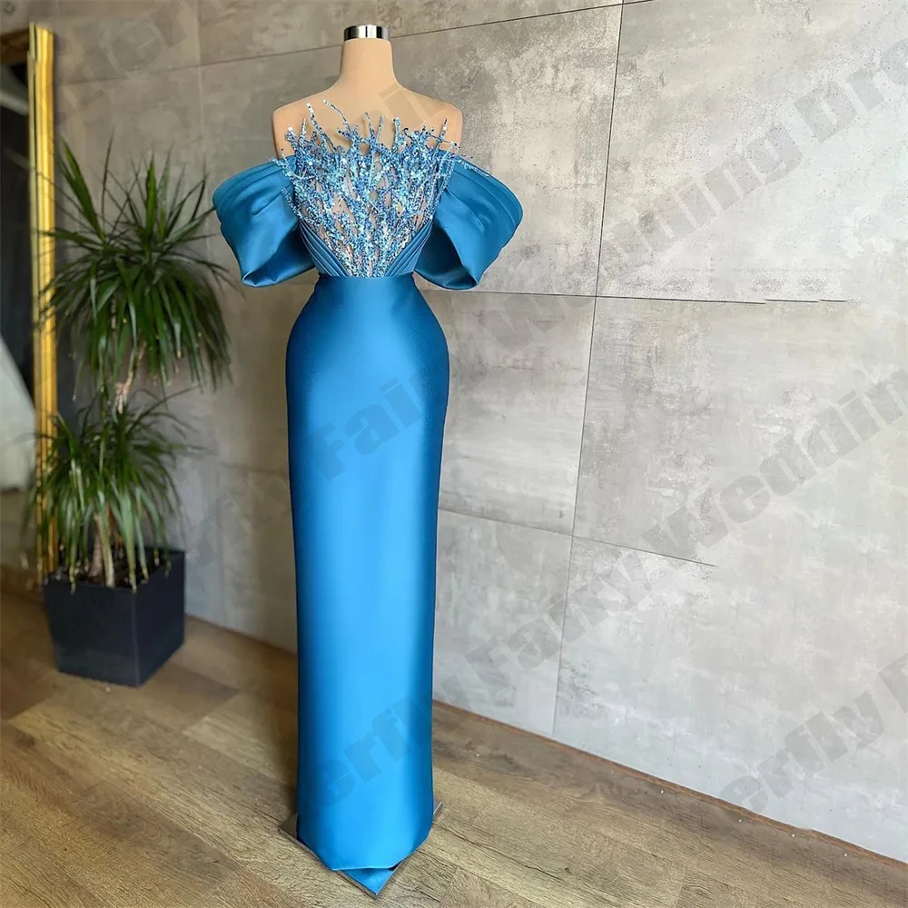 Mulheres fora do ombro Beading Vestido, Azul, Luxuoso, Bonita, Renda, Applique, Doce, Elegante, Tarde, Verão, 2023