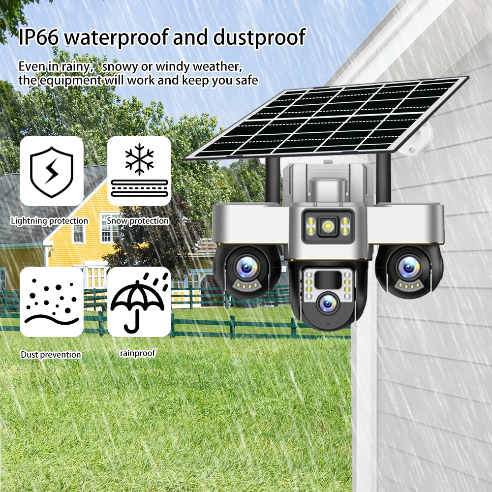 V380 Pro 4G Solar Security Camera Triple Lens PTZ Outdoor IP66 Human Detection HD Night Vision Battery Multi-Scene CCTV
