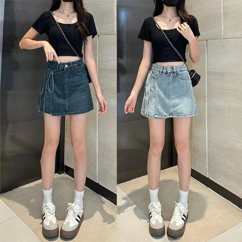 

High Waist Denim Shorts Women's Light Blue Spring Summer New Style Casual Pants Fake Two-Piece Skirt Short Skirts