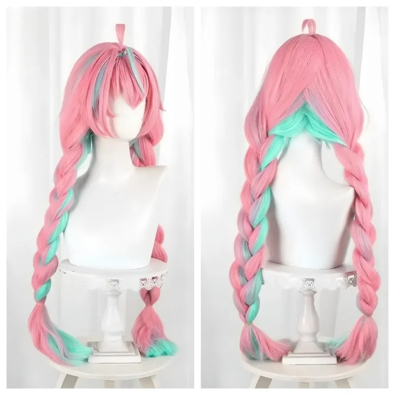 شعر مستعار كوسبلاي فاريسا زي طويل وردي مختلط أخضر إكسسوارات للشعر ذيل حصان مزدوج جديلة الهالوين أنيمي كرنفال حفلة النساء