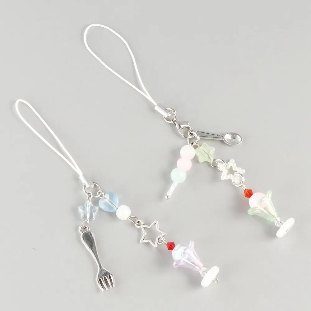 Girlish Ice Cream Mobile Phone Lanyard Phone Charms Beaded Food Phone Chain Folk Spoon Kawaii Phone Strap Women Girl