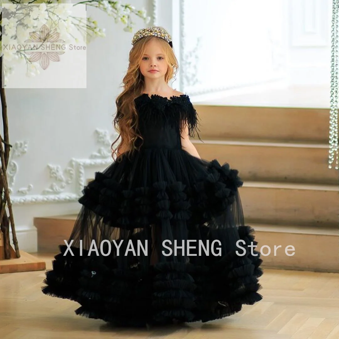 Chic Black Feather Flower Girl Dresses For Wedding Beaded Toddler Pageant Gowns Bateau Neck Floor Length Ruffled Tulle Kids Prom