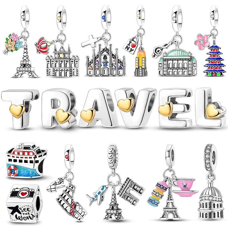 Travel Charms 925 Sterling Silver Eiffel Tower Landmark Building Original Pendant Bead Fit Bracelet Making Jewelry Gift