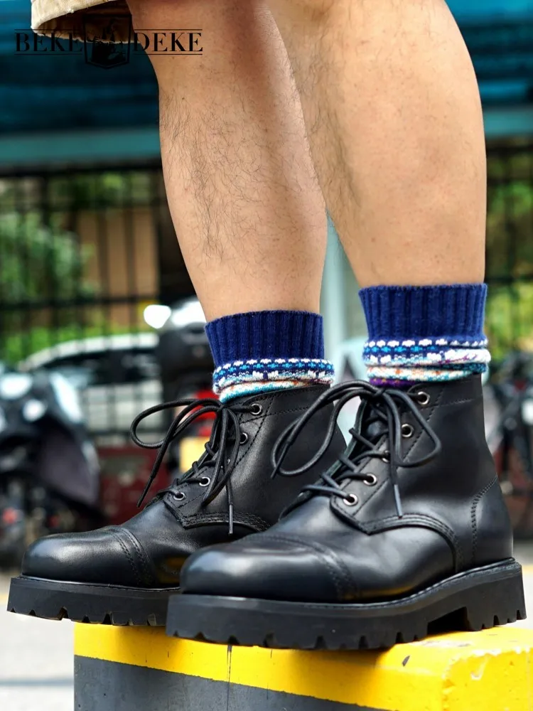 Vintage Mens Genuine Leather Work Shoes Lace Up High Top Real Leather Motor Biker Riding Safety Ankle Boots Thick Platform Shoes