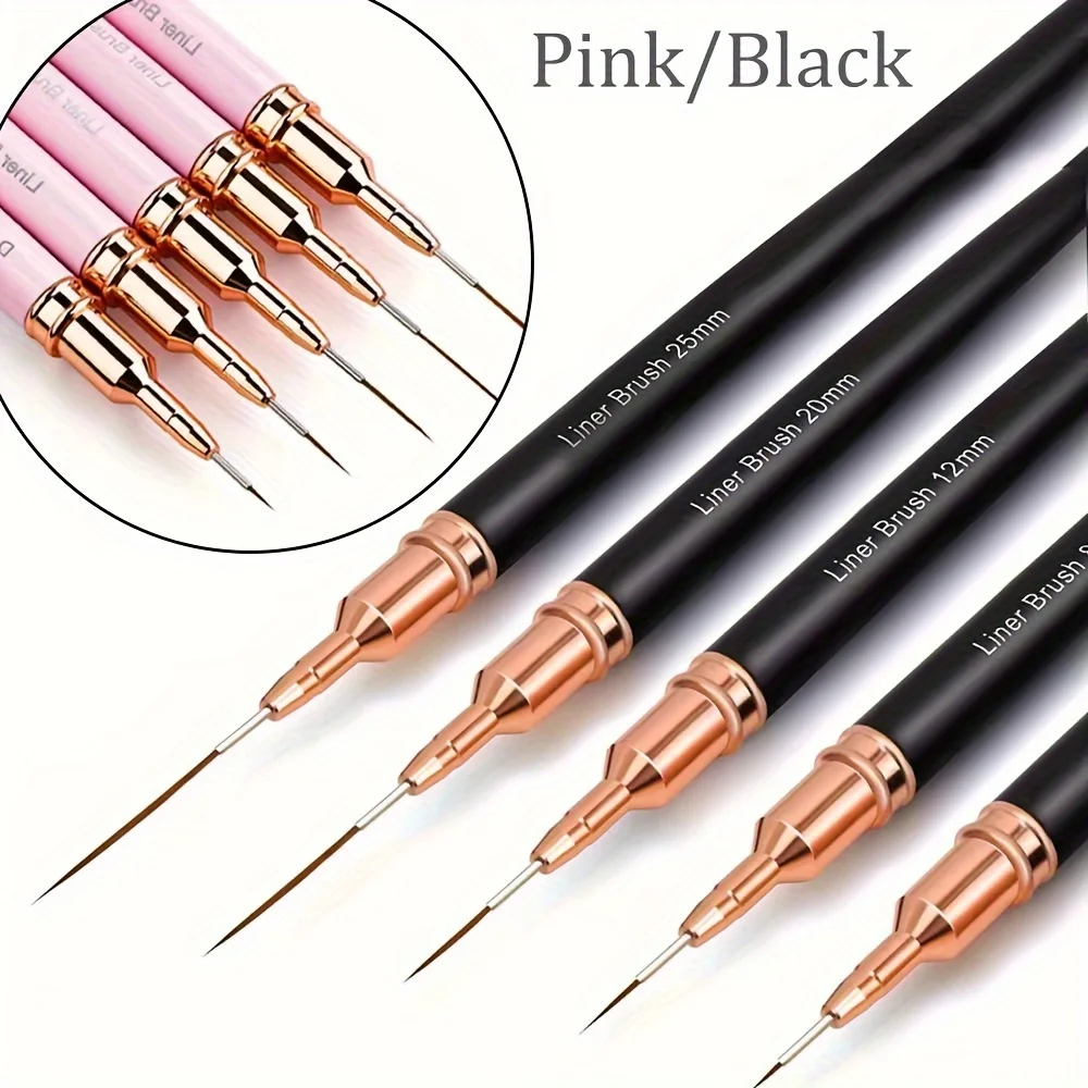 5pcs Professional Nail Art Liners Striping Brushes Tool Pink Metal Handle Drawing Detail Painting Blending Liner Nail Brush