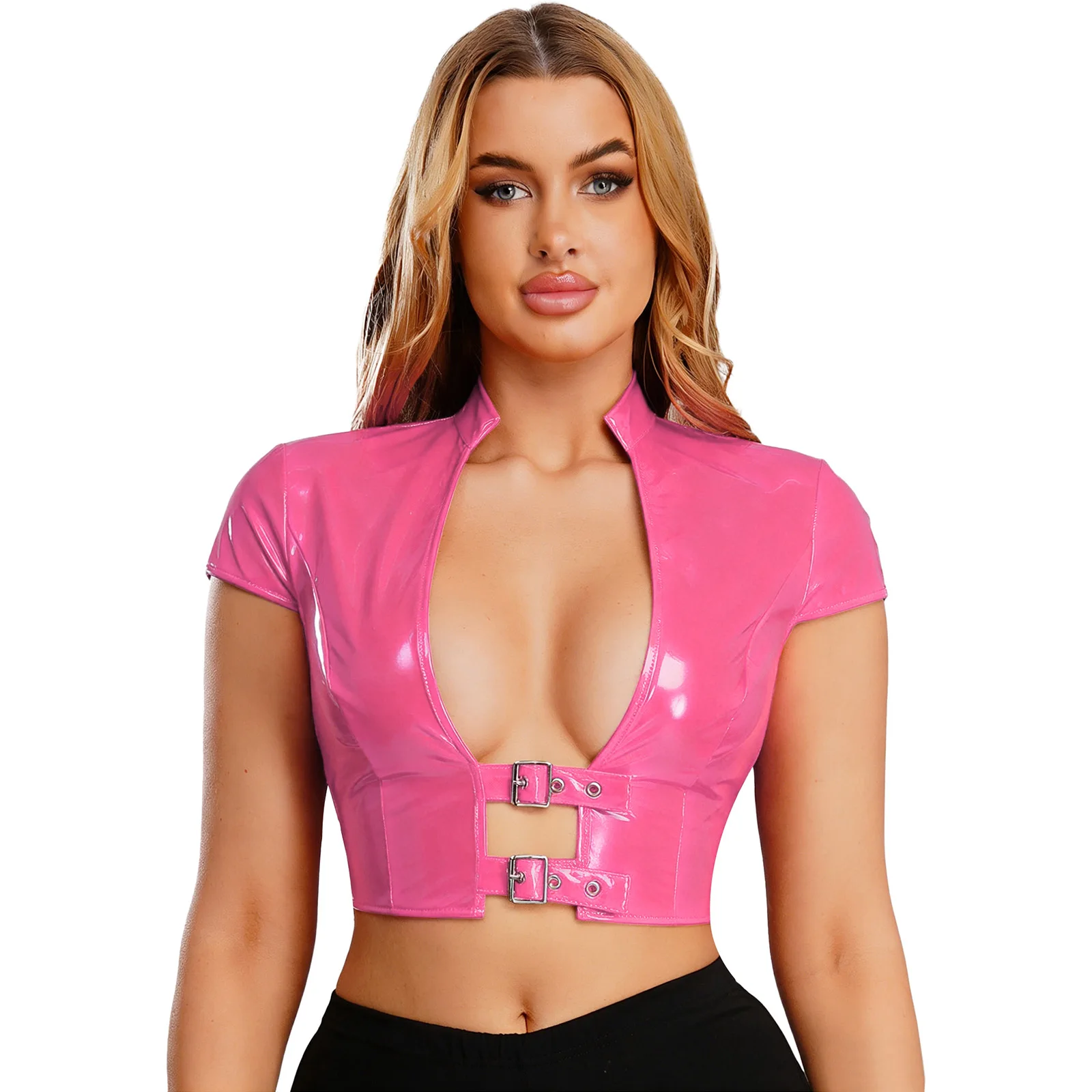 Womens Wet Look PU Leather Latex Crop Top Open Front with Adjustable Buckles Cap Sleeve Crop Corset Glossy Rave Disco Clubwear