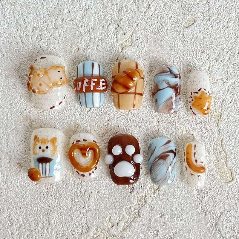 Summer Cartoon Cute Press On Nails Handmade Orange Cat Lazy Atmosphere Afternoon Tea Short Fake Nail Patches