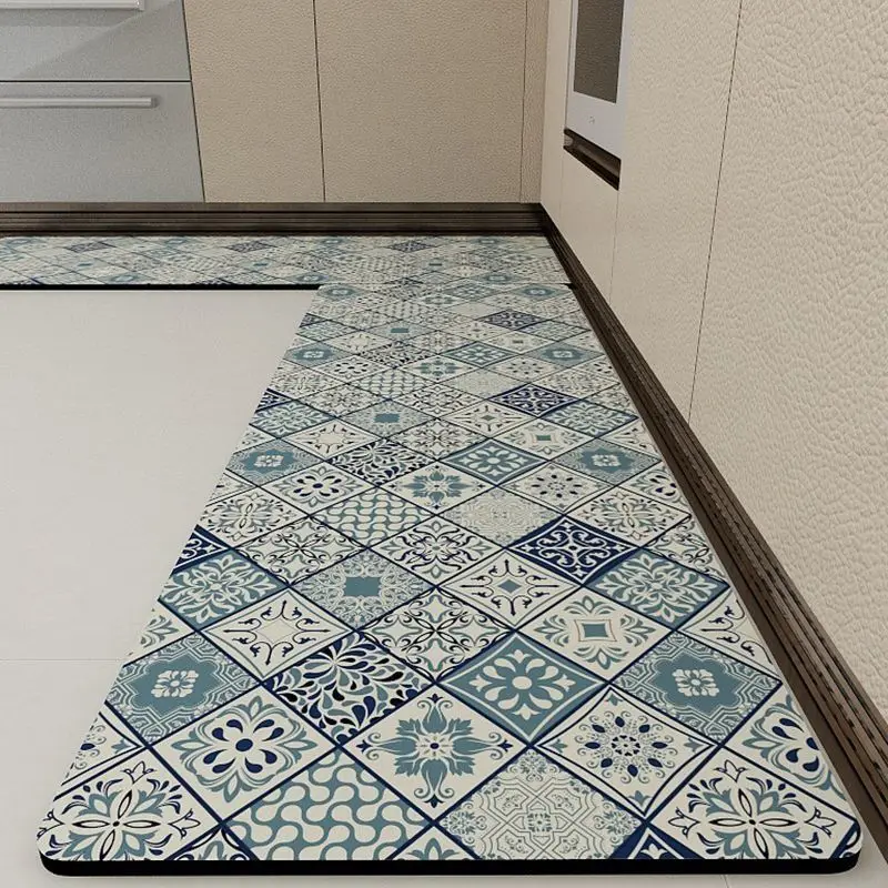 VIKAMA Mediterranean Retro Splicing Style Kitchen Mat Oil Resistant Non Slip Splash Proof Cushioned Floor Mat for Home Decor