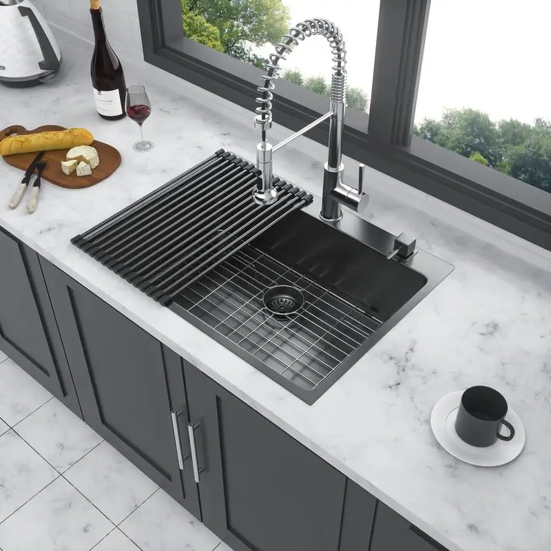 

33x22 Inch Drop-in Gunmetal Black 16 Gauge Stainless Steel Single Bowl Kitchen Sink Basin