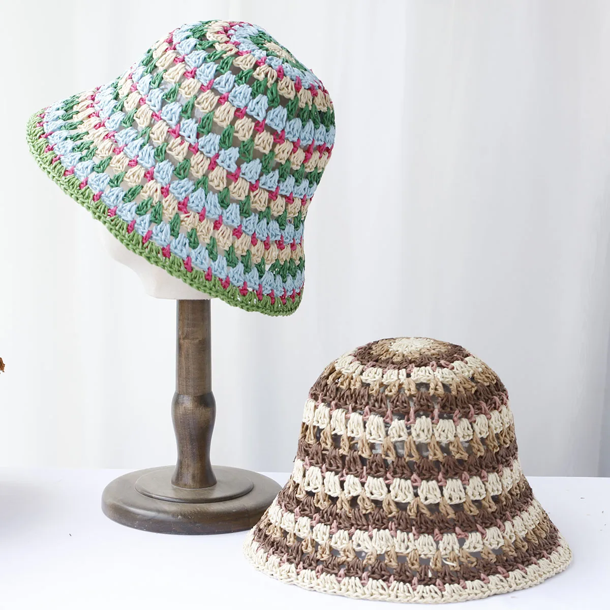 2024 New fashion Style bucket hat Multicolor Foldable Sun Crochet Hat For Beach, Travel And Vacation handmade straw hat