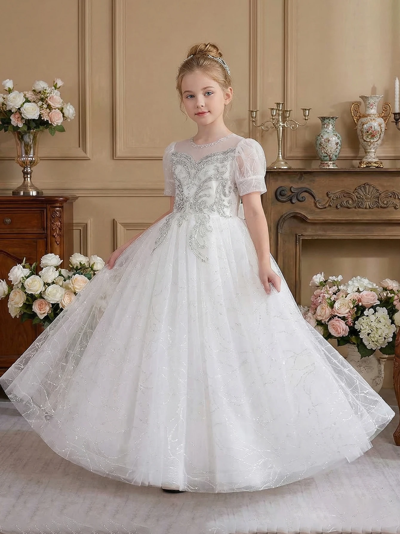 Tween Girl Sequin Embroidered Evening Gown with Round Neckline, Pearl Decorations, Sequined Net Fabric, Daily Outings,Gatherings