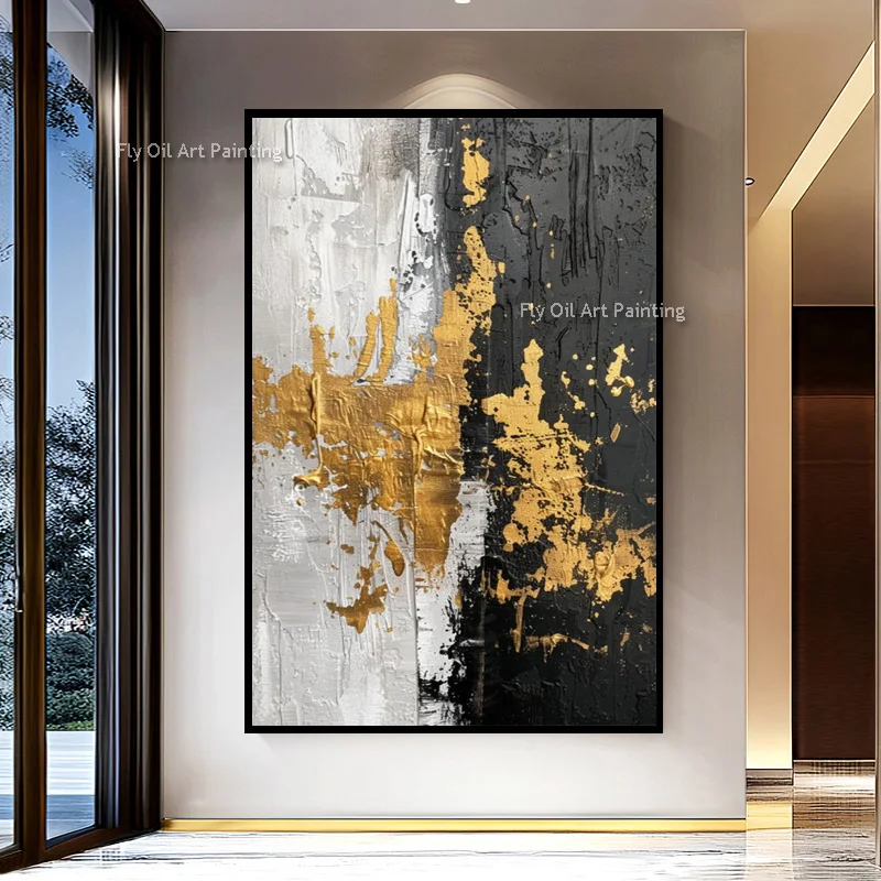Black And Beige Abstract Artwork New Hand Drawn Simple Design Gold Foil Wall Art Decor Large Beige White Oil Painting On Canvas